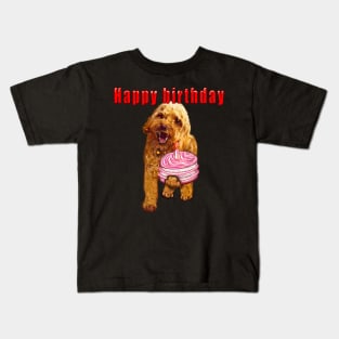 Happy birthday greetings 2022 - Cavapoo puppy dog With birthday cake and cavalie King Charles spaniel cavapoo Kids T-Shirt